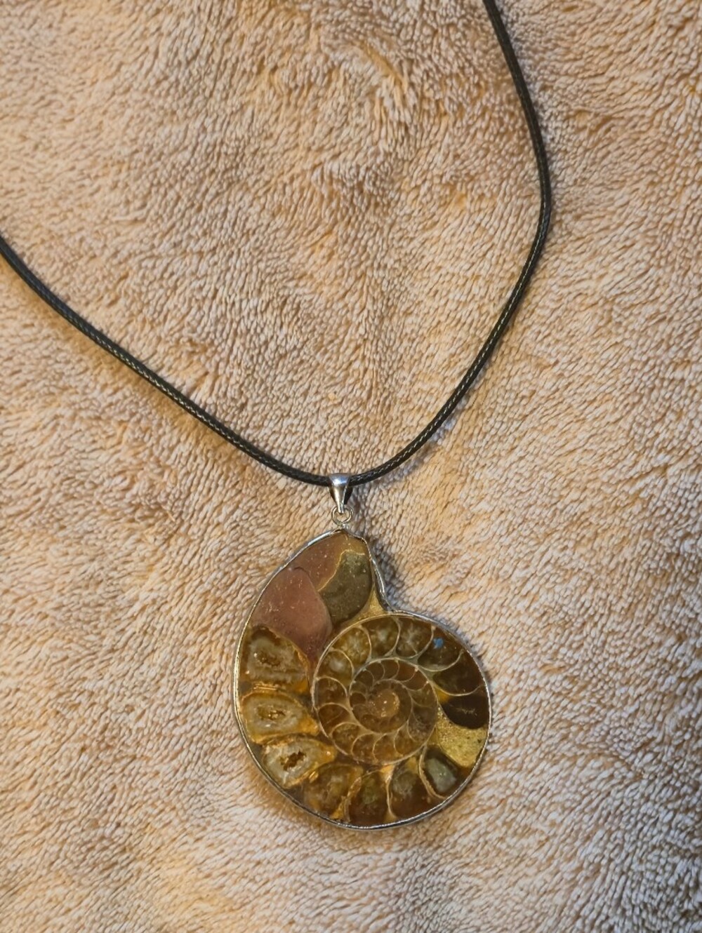 Earth Art hand crafted artisan Ammonite Pendant in Brown and Gold on Black Cord